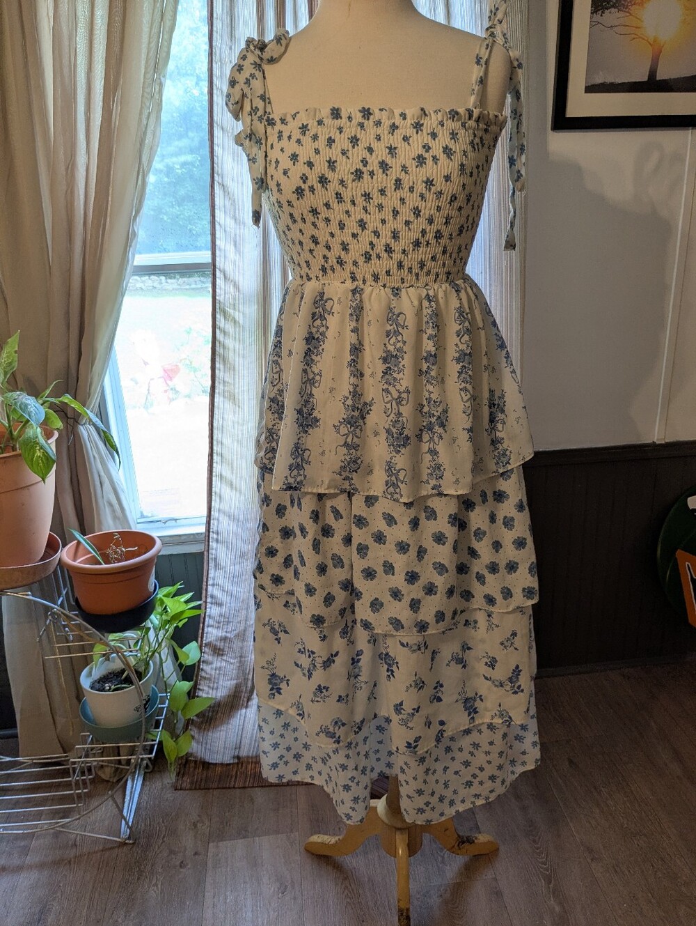 Tiered Smocked Midi Dress in Blue Floral